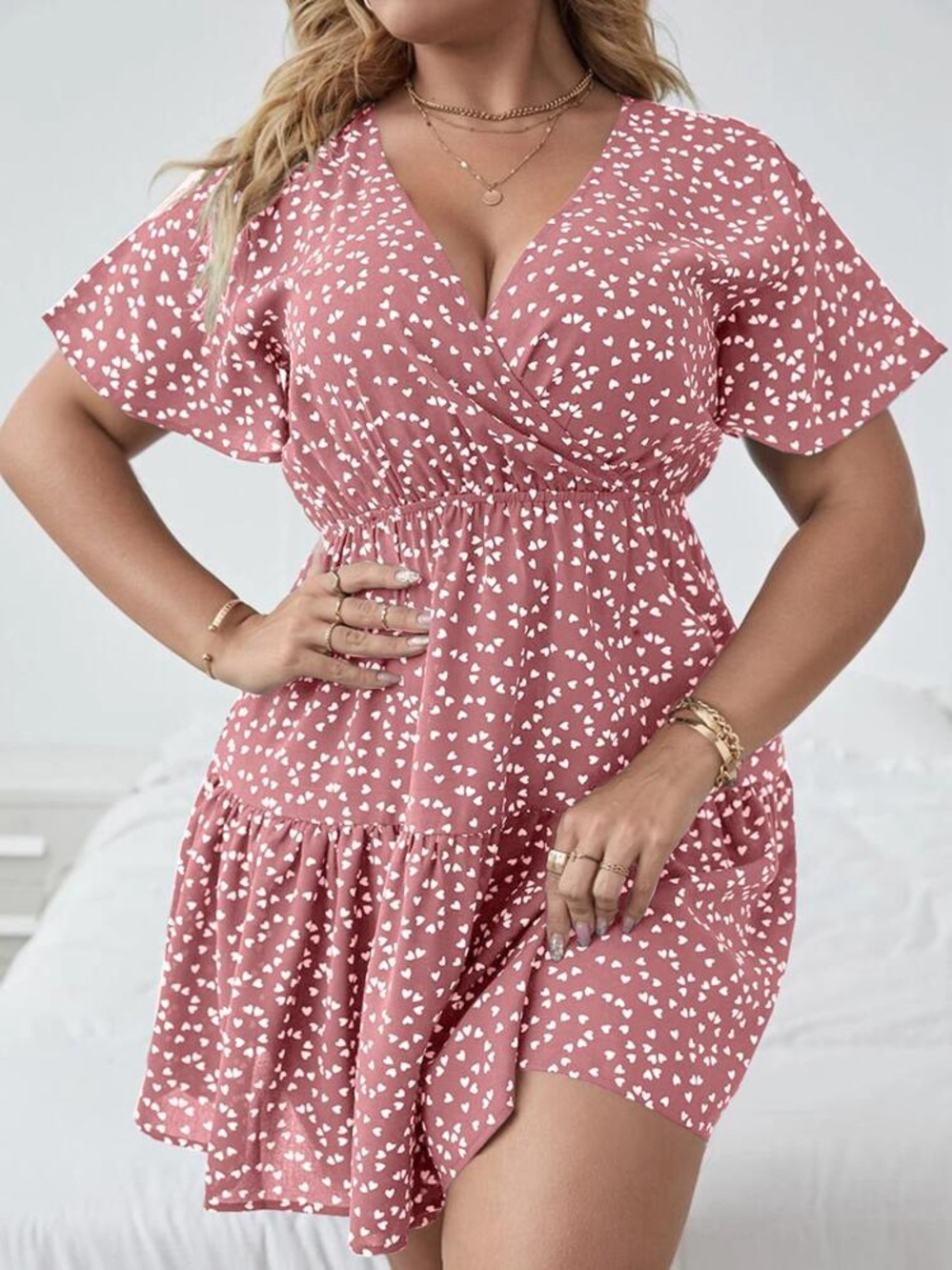 Pink White Heart Tiered Ruffle Babydoll Shift Midi Dress Plus Sz XL